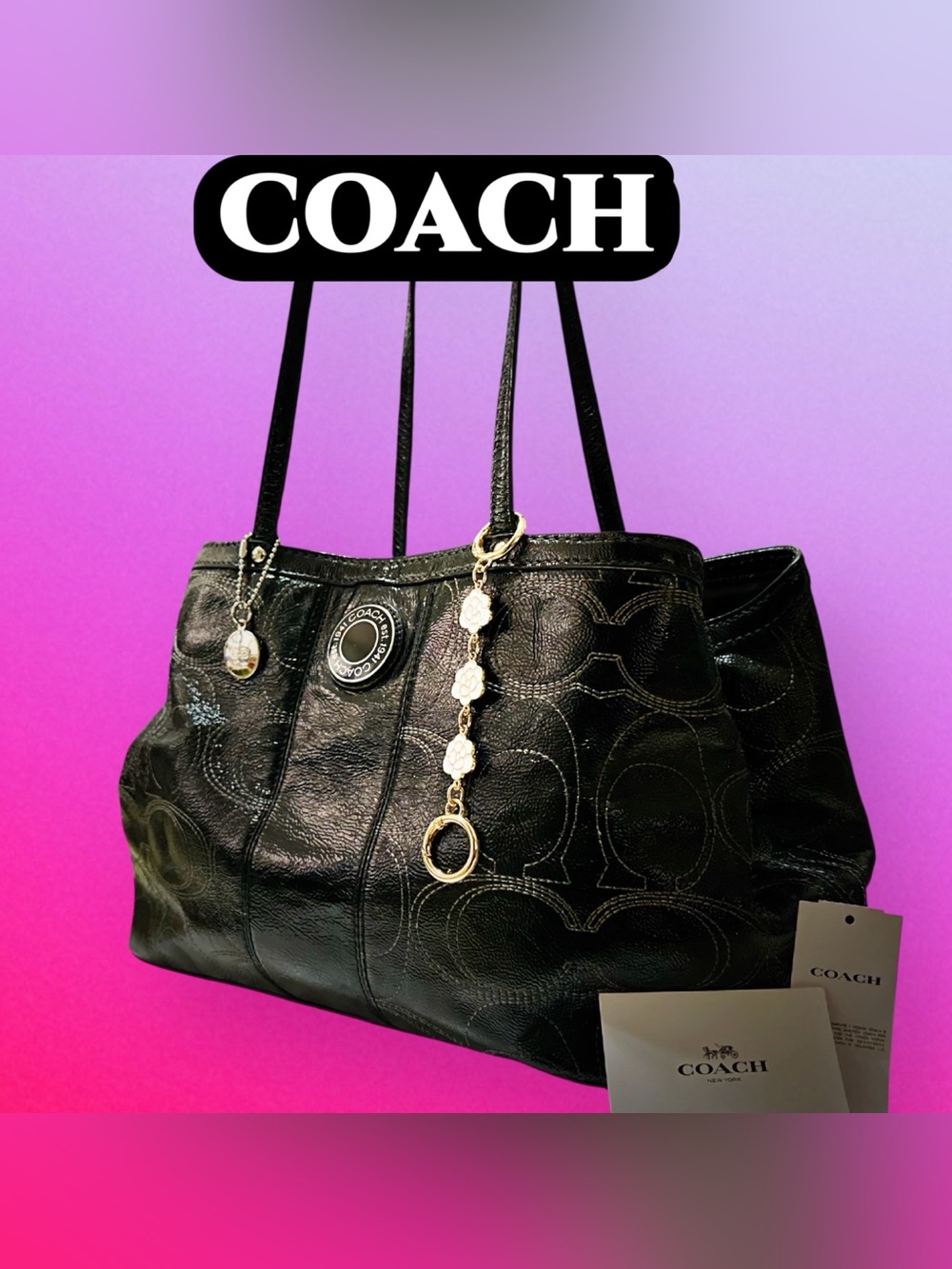 Vintage Coach kiss lock soho shoulder bag Black Leather with Signature Charm - Picture 6 of 17